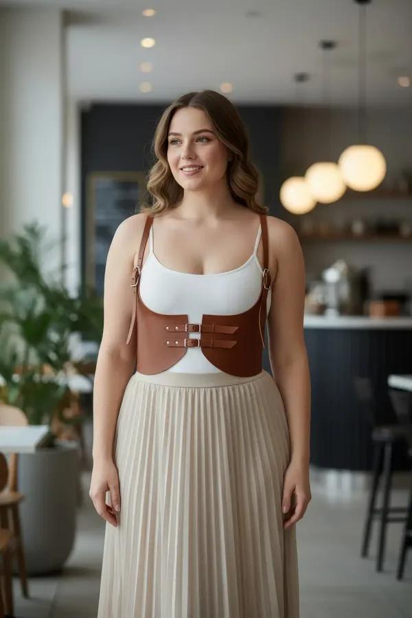 Brown faux leather underbust corset harness top with double buckle front and slim gold-tone shoulder straps worn over white t