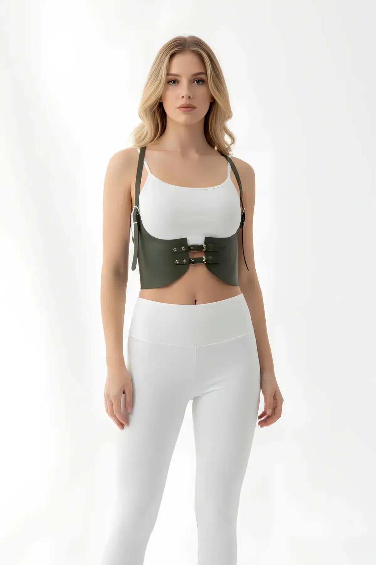 Back view of olive green underbust harness showing thin strap configuration and PU leather panel construction