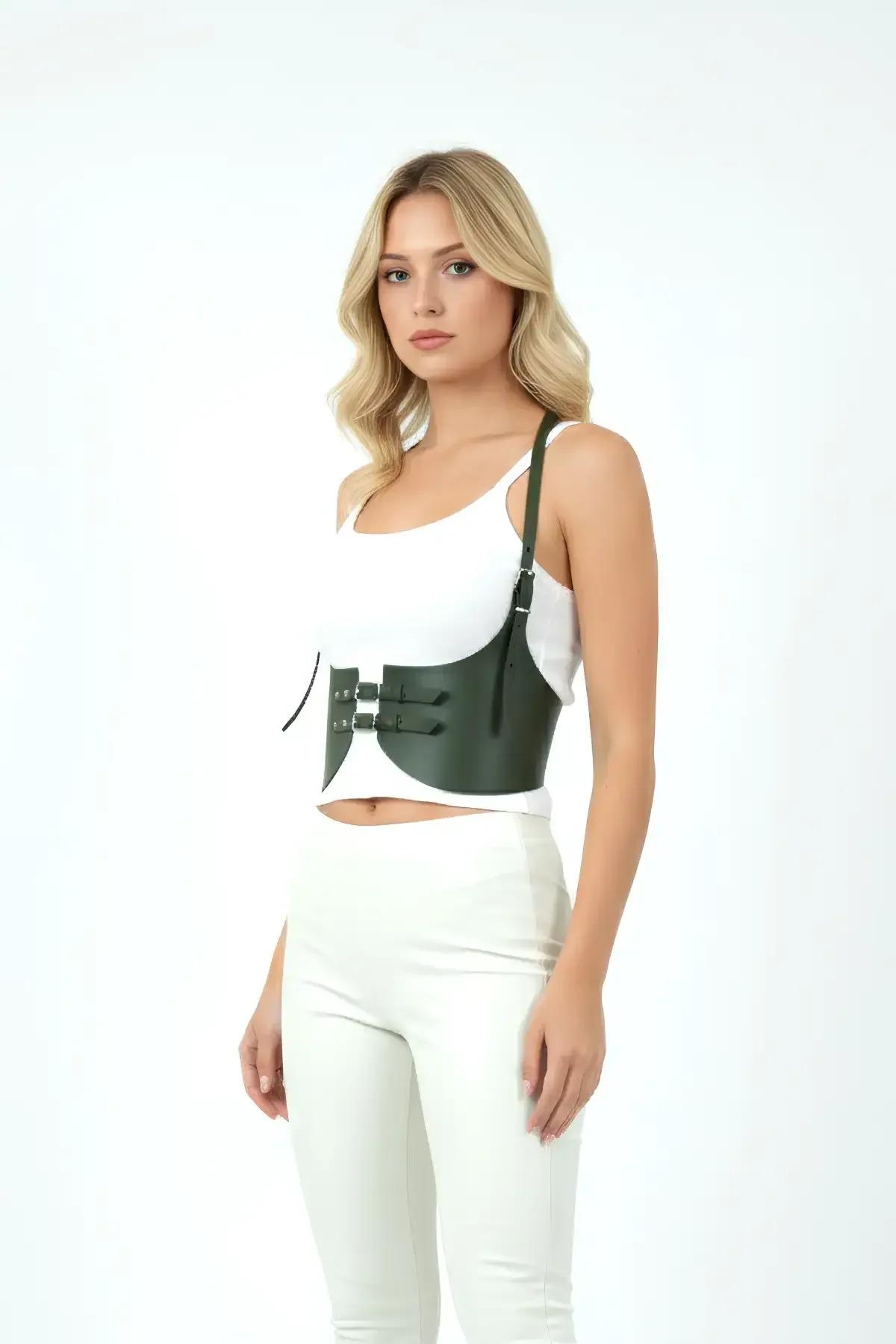 Olive Green Faux Leather Underbust Cincher with Double-Buckle Panel
