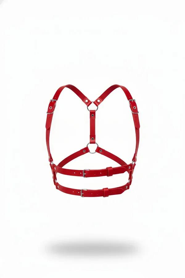 red faux leather Y-strap chest harness with center O-ring and dual silver buckle waist bands