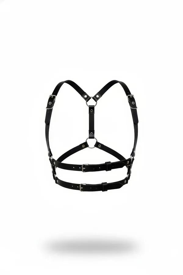 Black faux leather double-strap chest harness with dual O-rings and silver rectangular buckle waist bands on white background