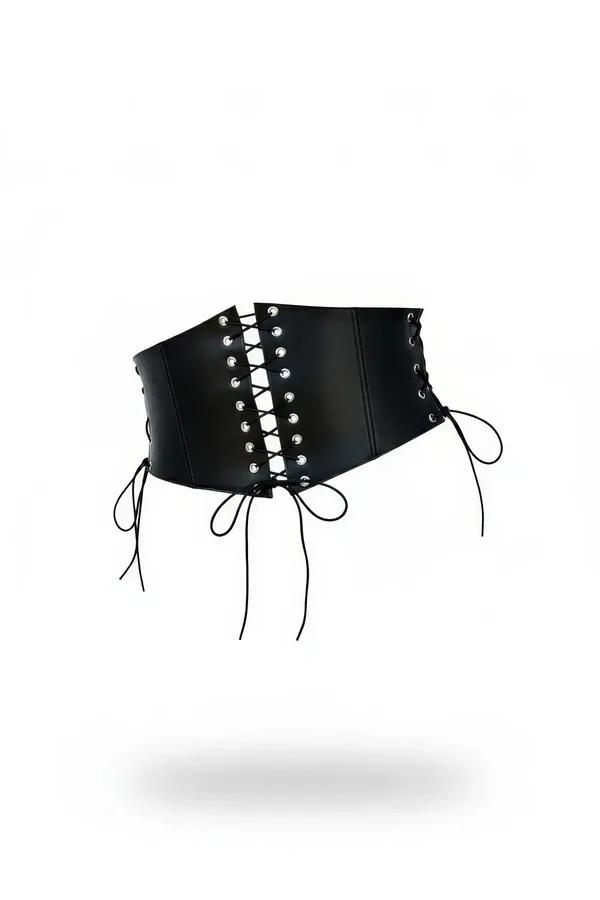 Black faux leather lace-up waspie corset belt with silver grommet rows and black cord ties, front view