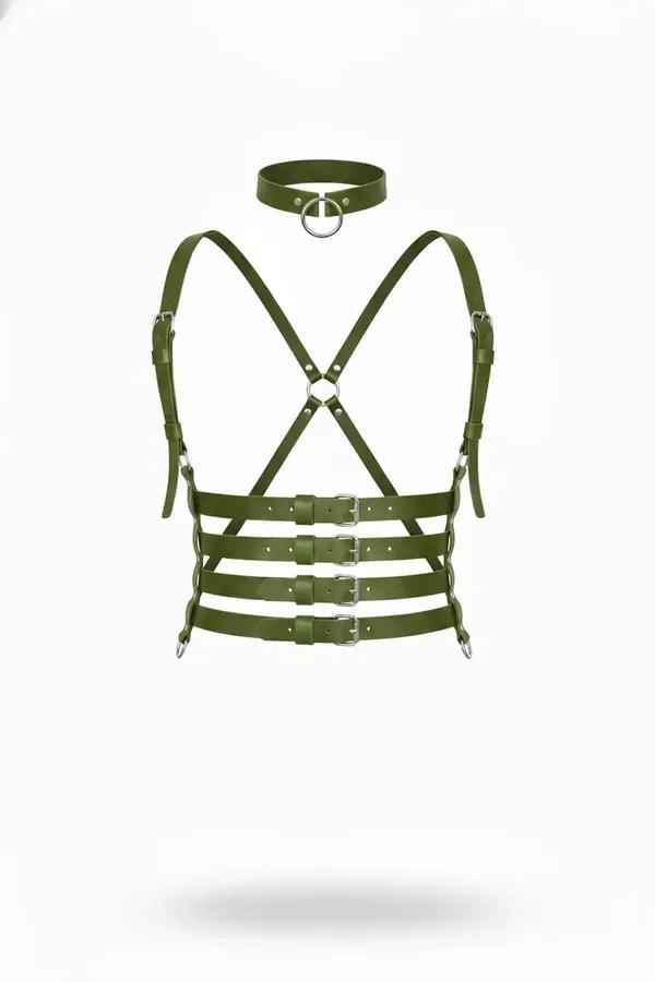 Haki faux leather çapraz vücut harness, 3 gümüş tokalı bel şeridi ve O-ring boyun kolye set
