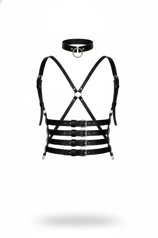 Black vegan leather multi-strap chest harness with three buckled waist bands and matching O-ring choker, flat lay on white ba