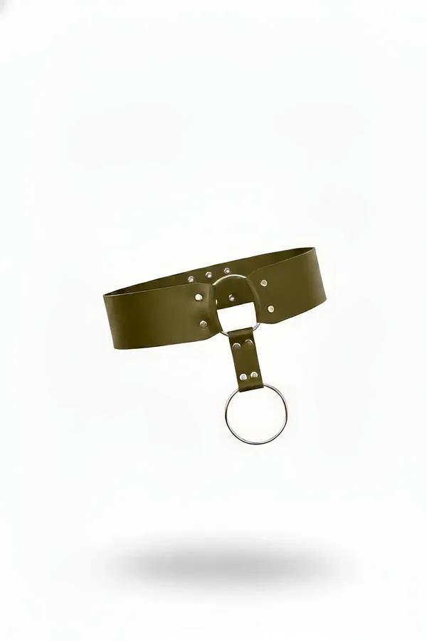 Wide khaki vegan leather O-ring waist harness with silver rivets and dangling front O-ring on white background
