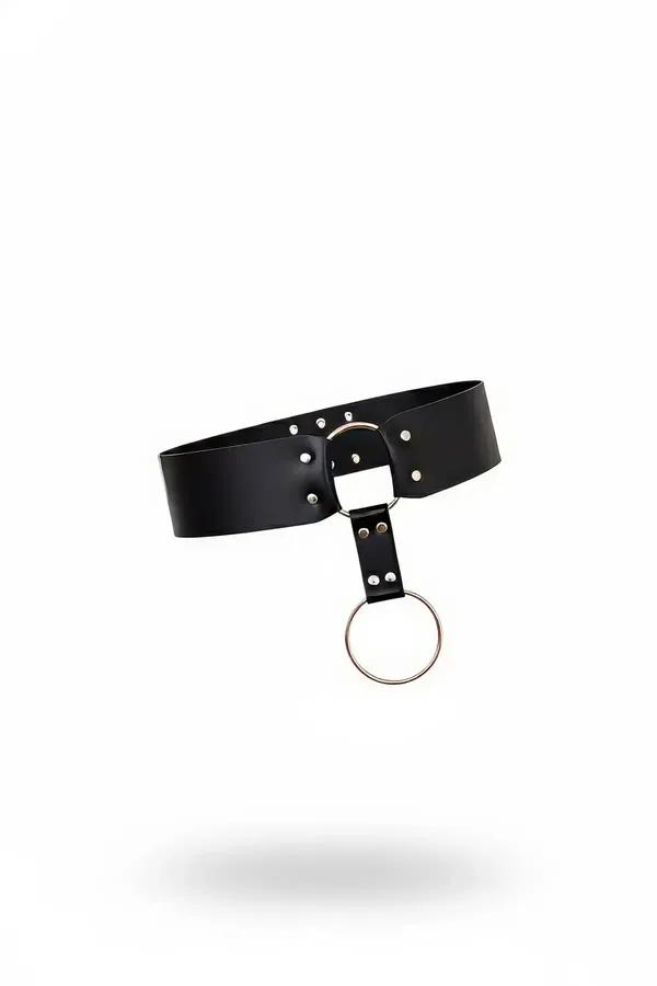 Black faux leather wide waist belt with silver rivets and front O-ring detail, flat product view