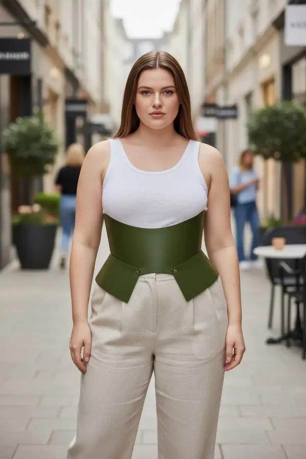 olive green wide faux leather corset belt with structured peplum hem worn over white tank and beige trousers