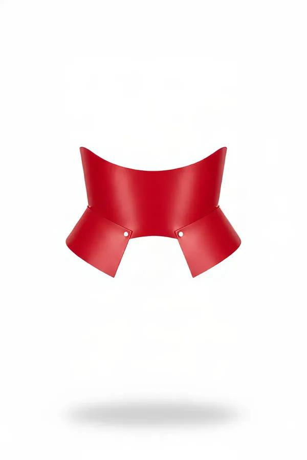 red faux leather waspie corset belt with rigid curved butterfly panels and silver stud closures on white background