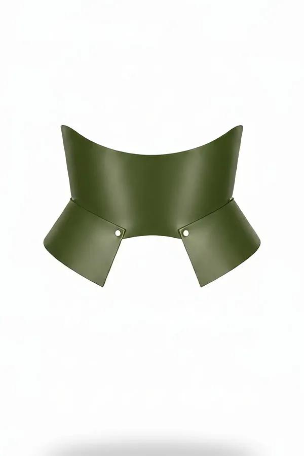 Olive green matte vegan leather underbust waist cinch with flared hip panels and silver stud rivets
