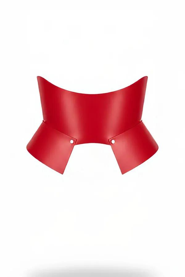 Wide red faux leather waspie corset belt with flared hip panels and silver snap studs on white background
