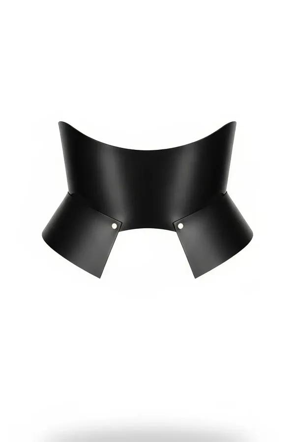 Black faux leather sculpted waspie waist cinch with silver snap fasteners and rigid curved panels