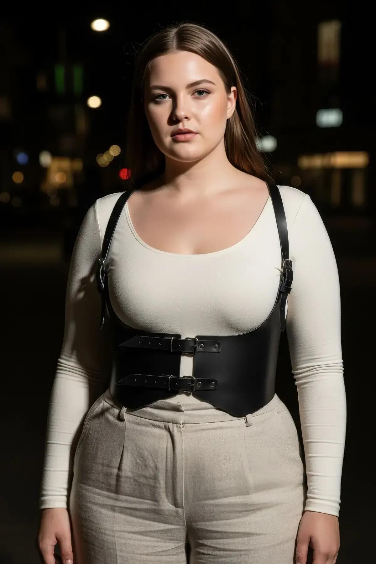 back view of black vegan leather underbust harness displaying adjustable shoulder strap sliders