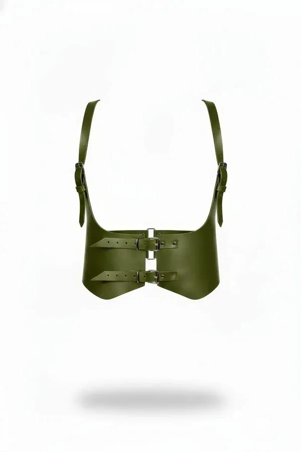 Olive faux leather waspie underbust harness with dual silver front buckles and adjustable shoulder straps, matte army-green f