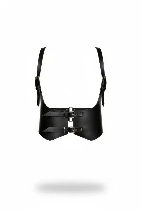 Black faux leather wide underbust harness belt with double silver back buckles and slim adjustable shoulder straps, front vie