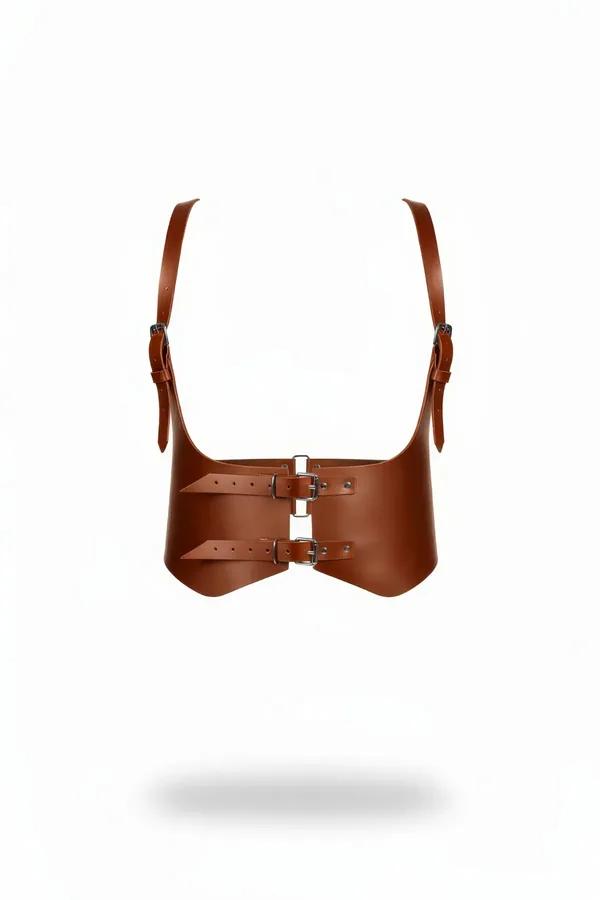 tan vegan leather wide panel underbust harness top with dual silver buckles and adjustable shoulder straps