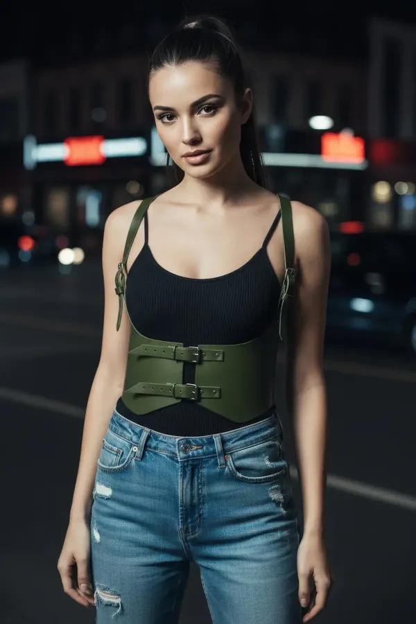 olive green wide underbust faux leather waist harness with two front gunmetal buckle straps and shoulder straps worn over bla