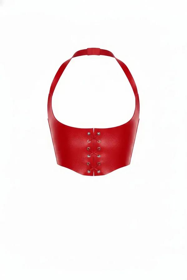 red faux leather halter neck corset top with center lace-up closure and silver grommets, pebbled texture