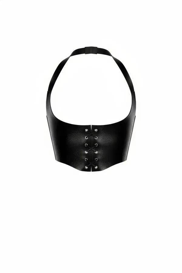 Black faux leather underbust halter neck corset top with front lace-up silver eyelets and structured band