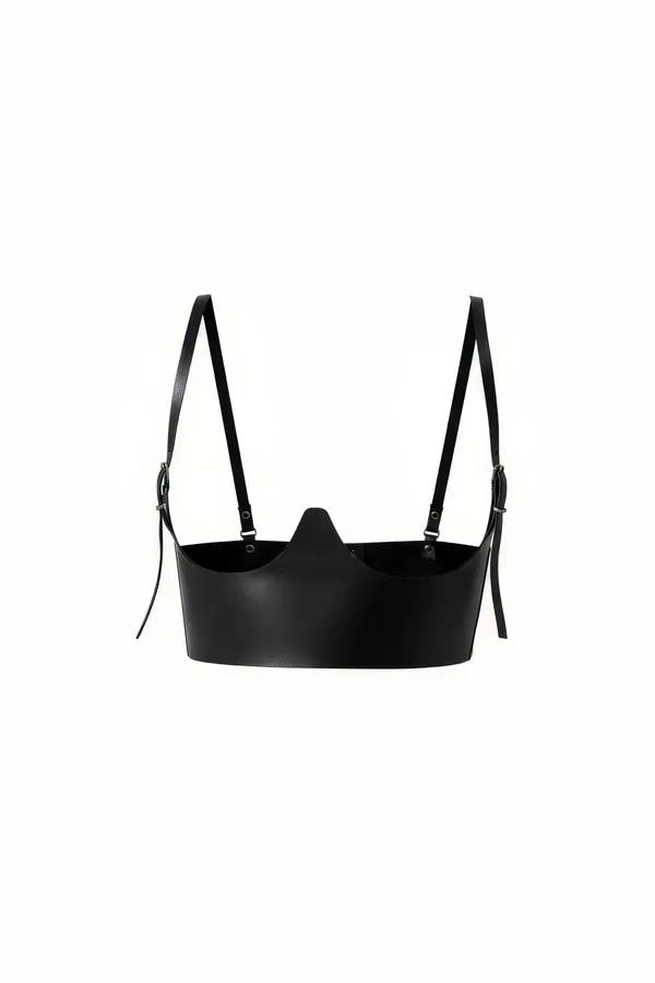 black faux leather underbust harness top with structured V-neckline cutout and silver-tone adjustable shoulder straps