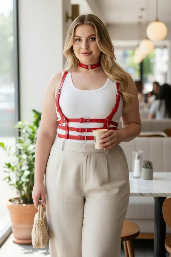 Red faux leather caged underbust harness with three buckled horizontal straps and matching choker worn over white tank top