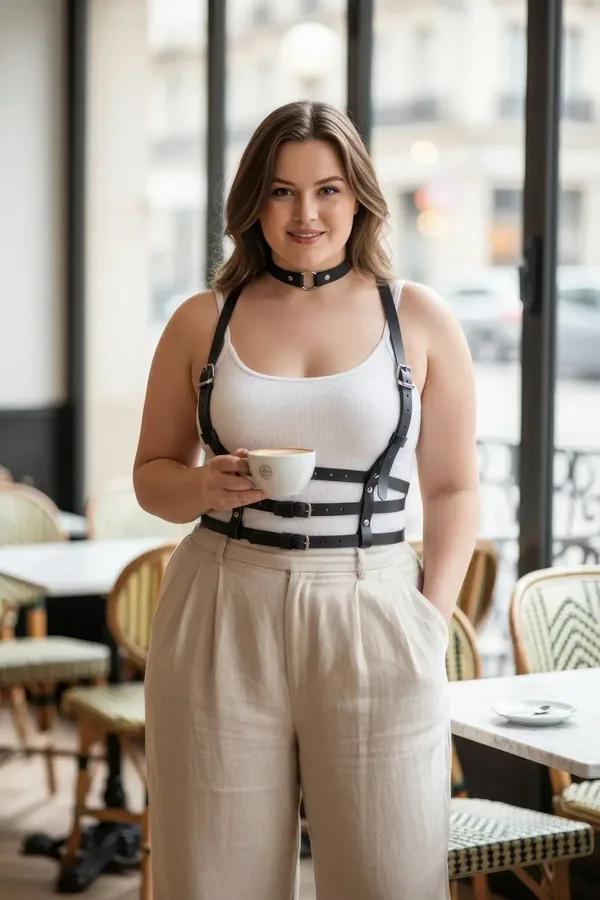 Black faux leather multi-strap body harness with silver buckles and matching choker worn over white tank top