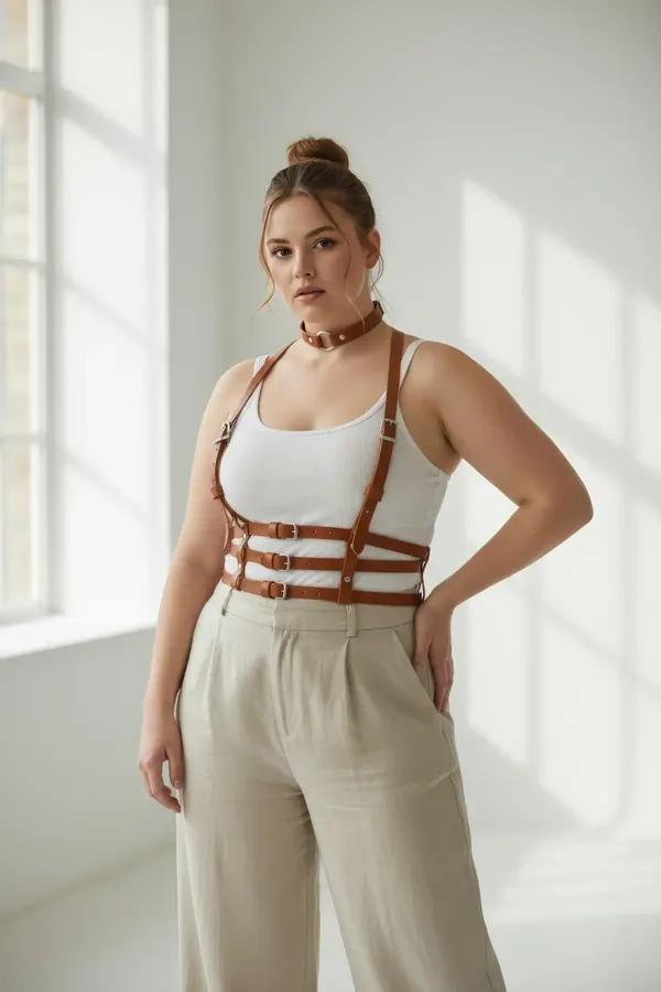 Tan vegan leather multi-strap chest harness with matching O-ring choker worn over white tank top