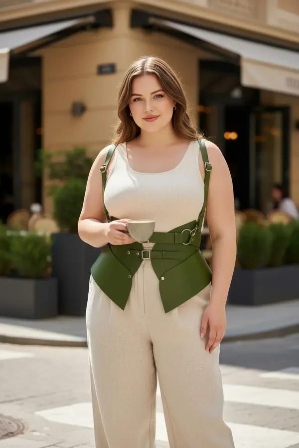 Olive green faux leather corset belt with shoulder harness straps and silver O-ring hardware worn over white tank top