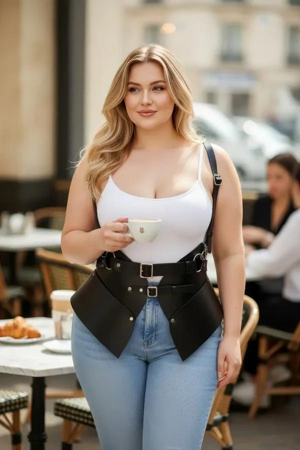 Black faux leather corset harness belt with sculpted hip panels silver buckle shoulder straps worn over white tank top