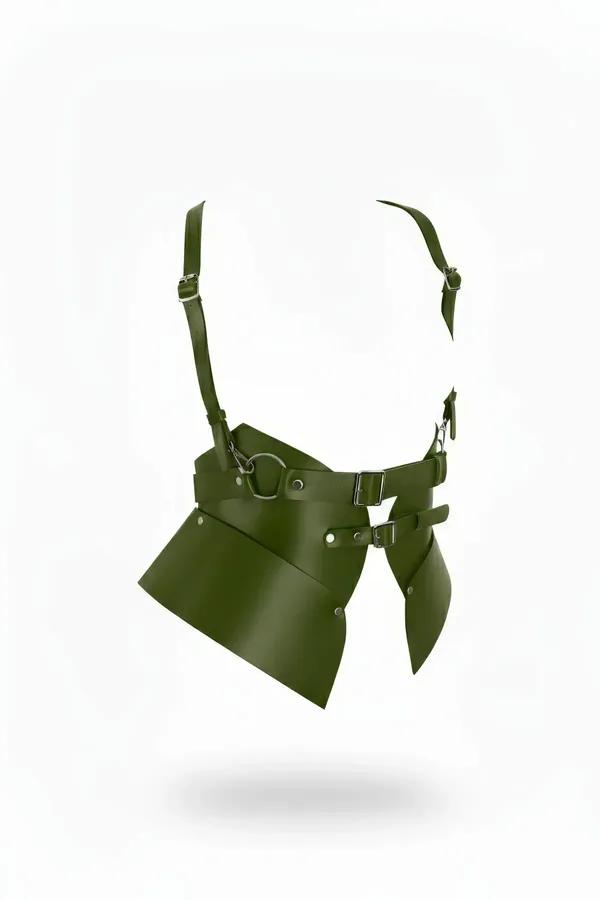Structured olive vegan leather underbust harness with wide asymmetric waist panels and silver buckle hardware