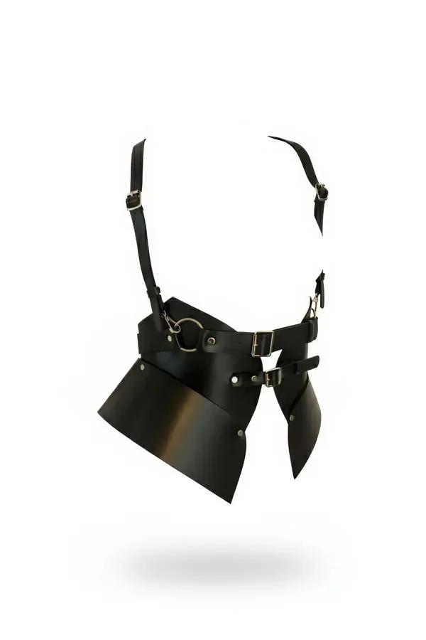 Black faux leather underbust corset harness with wide angular panels, O-ring detail, and silver buckle hardware