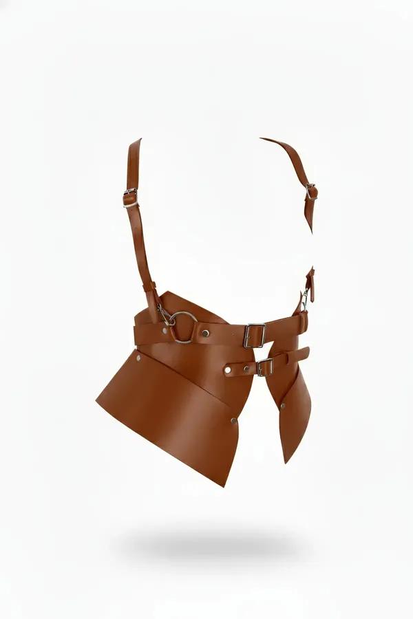 Tan faux leather underbust corset harness with wide asymmetric panels and silver O-ring buckle hardware