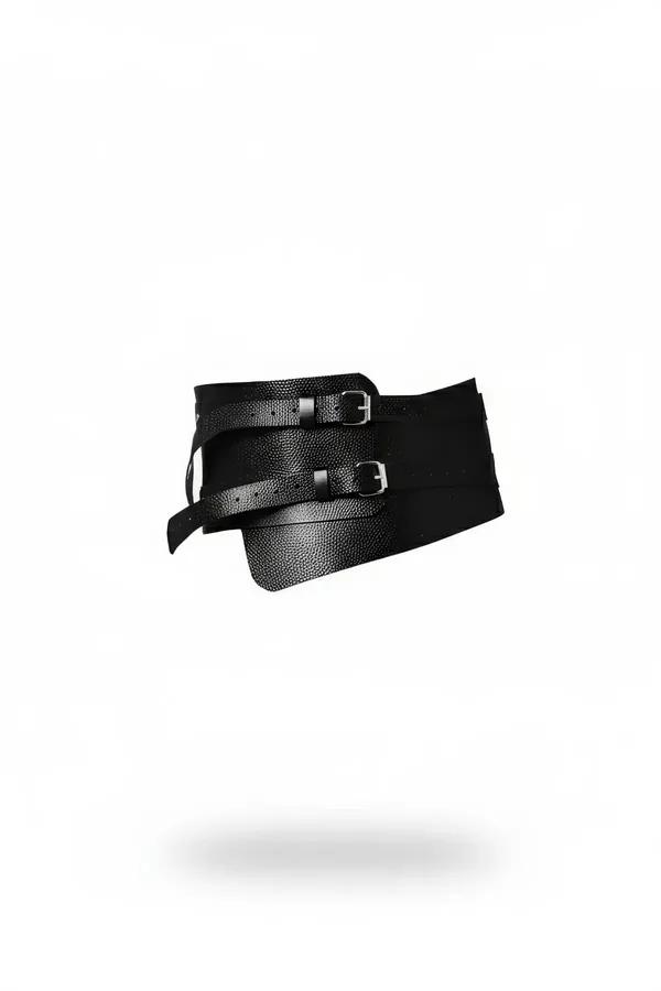 Wide black pebble-grain faux leather corset waist belt with dual silver pin buckles and elastic back panel