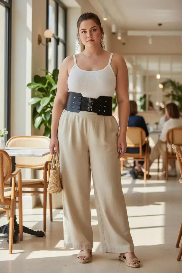 black wide waist faux leather harness with three gold-tone buckle straps worn over white tank top and linen trousers