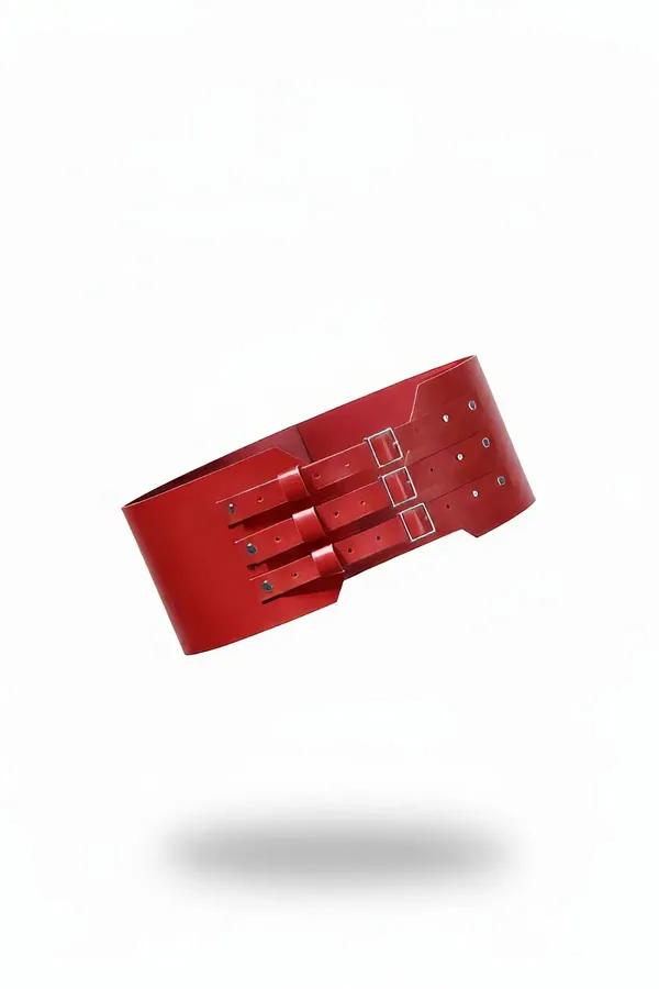 Red faux leather corset belt with three silver buckle closures wide structured waist cincher