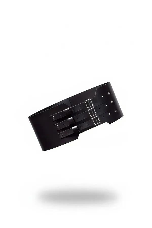Wide black faux leather underbust belt with three stacked silver square-frame buckles and punched eyelet adjustment row
