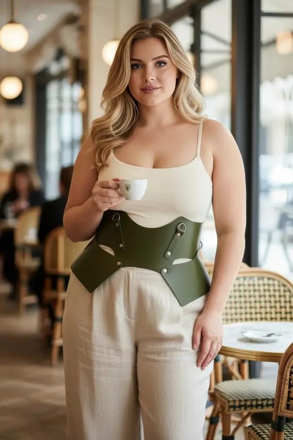 Olive green wide faux leather waist harness belt with cut-out panels and silver D-ring hardware, worn over cream camisole