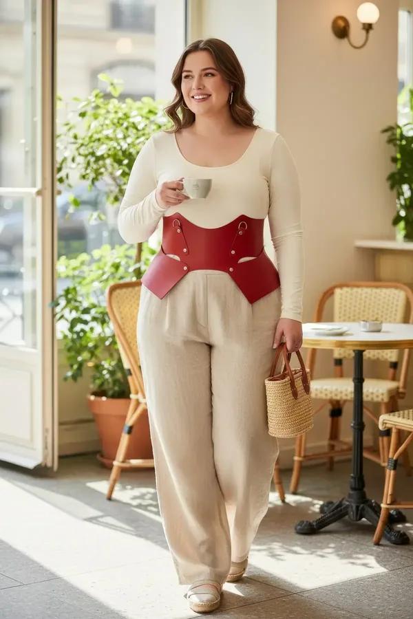 Red faux leather waist harness with sculpted front panels and silver-tone stud hardware worn over cream bodysuit