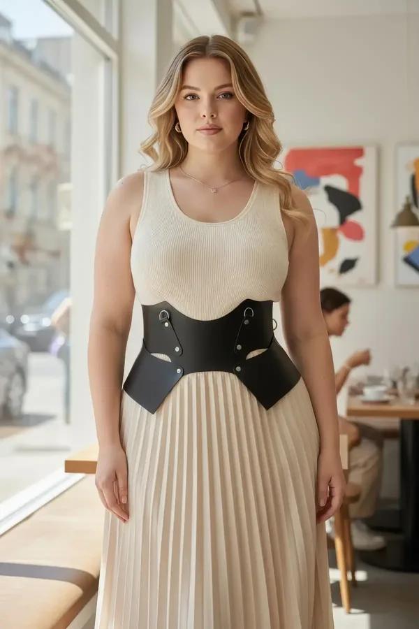 black faux leather wide waist belt with sculptural wing panels and silver D-ring hardware worn over cream pleated midi dress