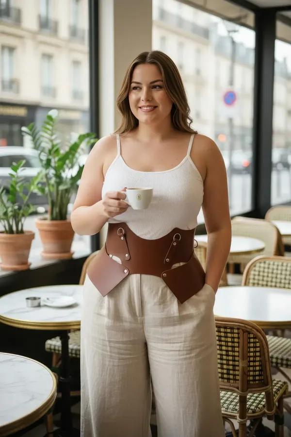Cognac brown faux leather underbust waist cinch harness with detachable angular hip panels and gold O-ring hardware worn over