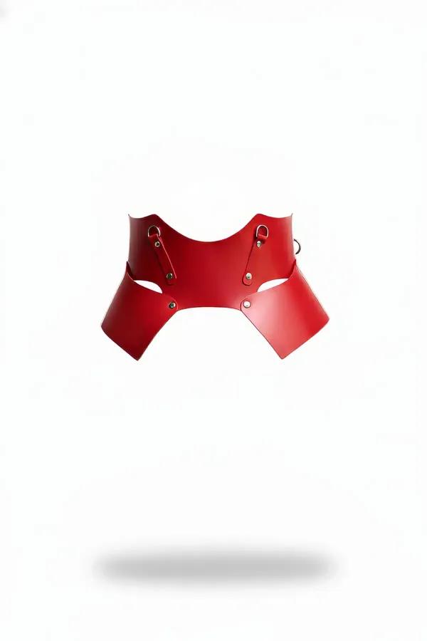 Red sculpted vegan leather underbust waist cinch harness with silver D-rings and open center cutout