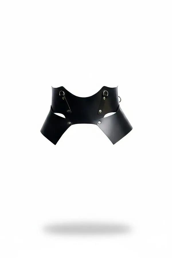 Black faux leather wide panel waist harness with silver D-rings and rivet stud closures on white background