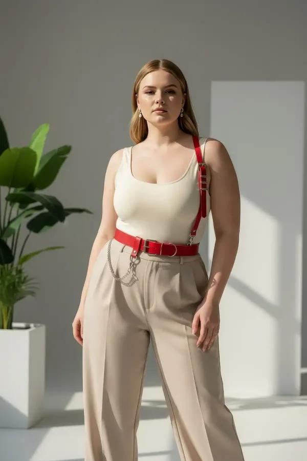 Red faux leather harness belt with shoulder straps and silver detachable chain worn over cream tank top