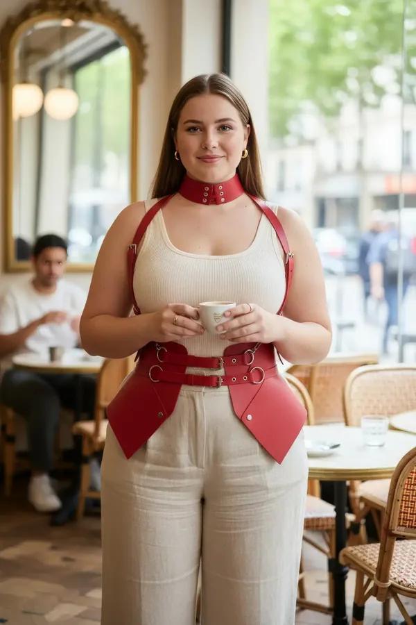 Red faux leather corset waist cinch harness with silver O-rings and matching studded choker worn over cream tank and linen tr