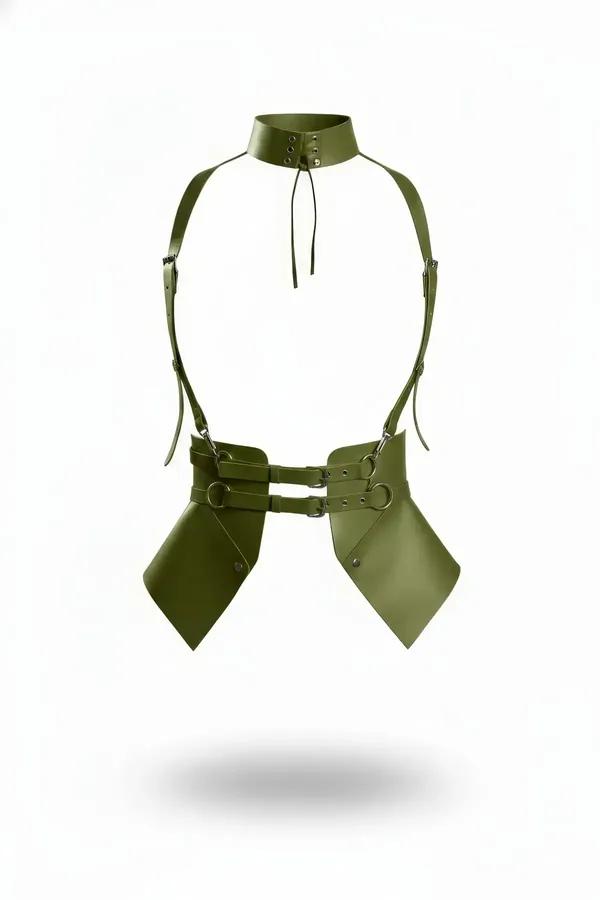 Olive vegan leather high collar harness with detachable diamond-shaped hip panels and silver O-ring hardware