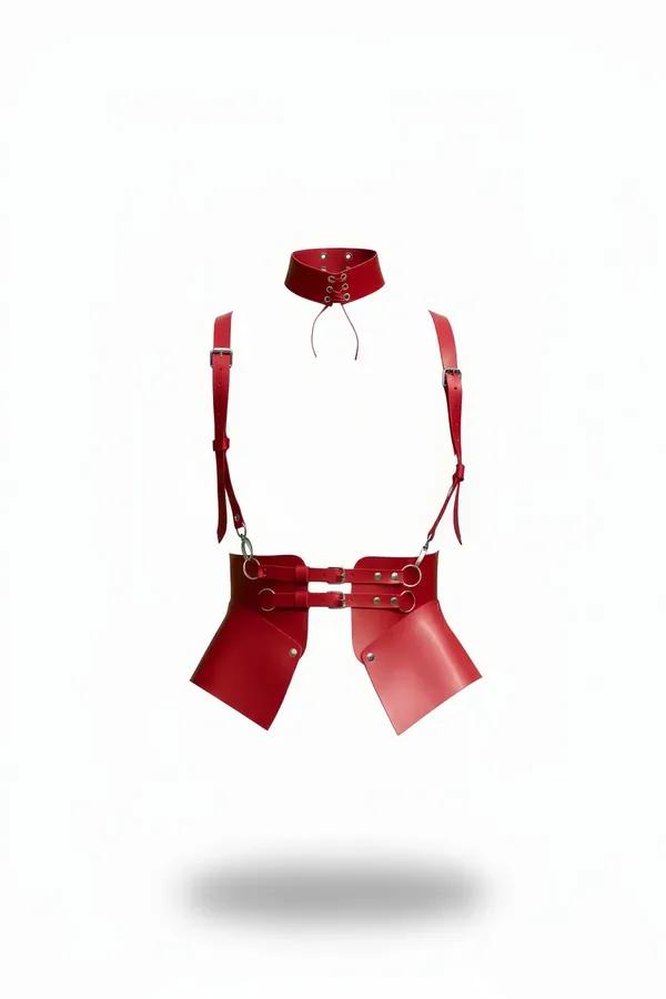 Red faux leather collar shoulder and hip harness with lace-up choker, silver chain straps, and angular side panels
