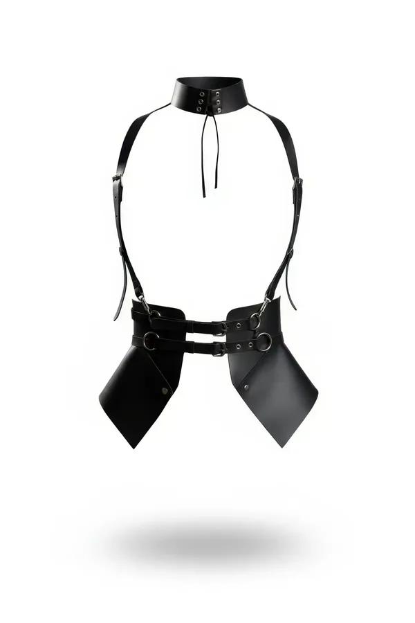 Black faux leather choker harness with angular diamond-shaped hip panels and silver O-ring hardware, front view