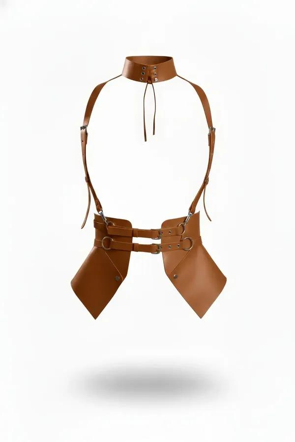 tan faux leather underbust harness corset with angular diamond hip panels, high neck choker, and silver O-ring hardware