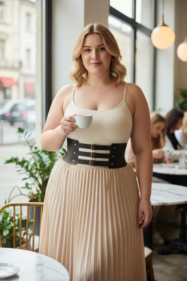 black wide faux leather waist harness with three gold buckle straps worn over cream bodysuit and beige pleated skirt