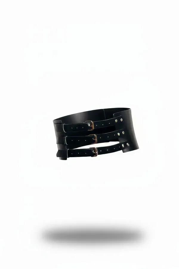 Black faux leather waspie belt with three gold-tone buckle straps structured wide panel