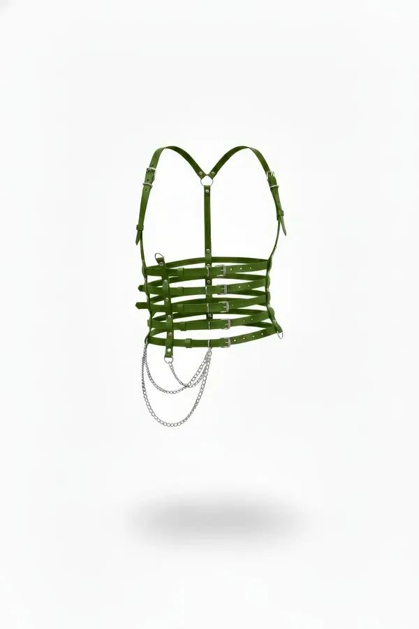 Olive green faux leather underbust harness with five silver buckle straps and draping chain, front view